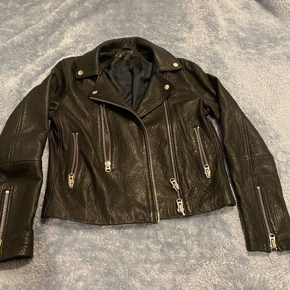 Topshop Black Leather Jacket Asymmetrical Moto